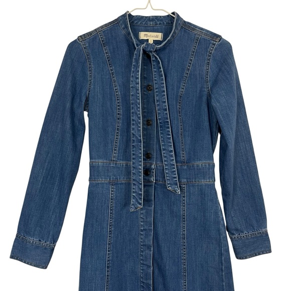 NWT Madewell Denim Tie-Neck Button Front Midi Shirt Dress Long Sleeve Size 00 - Picture 3 of 13